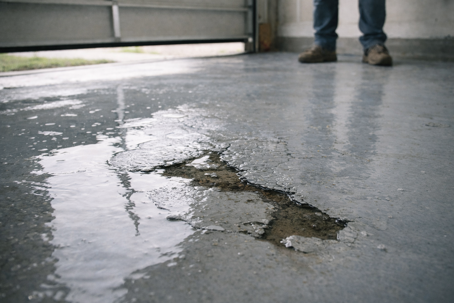A person stands in a garage near a large, rough patch of peeling gray epoxy floor coating on a concrete surface.