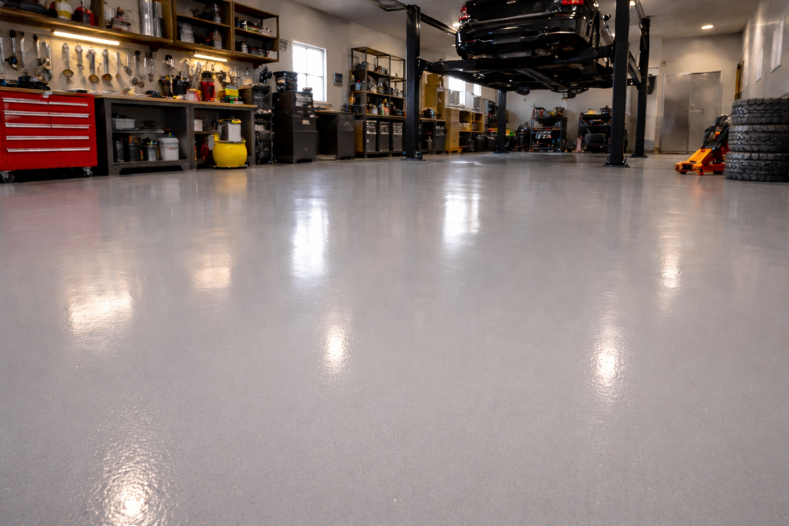 A clean, light gray epoxy floor in a garage with a car lift and tools.