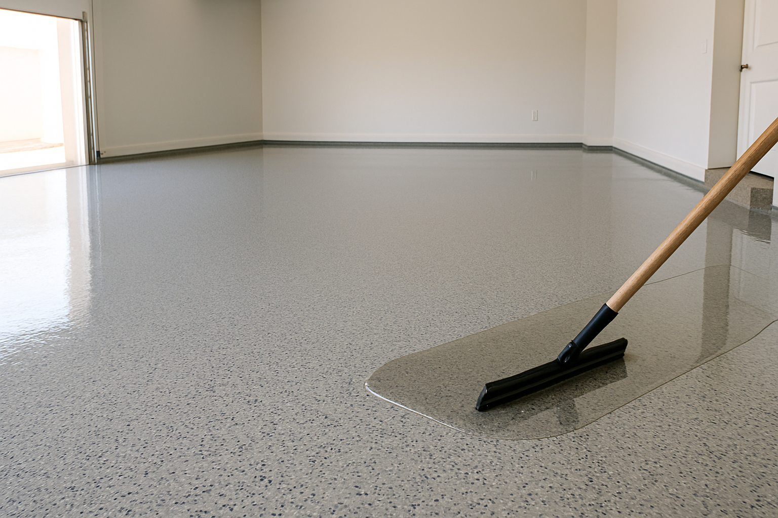 Garage floor being coated with a speckled, gray epoxy using a squeegee.