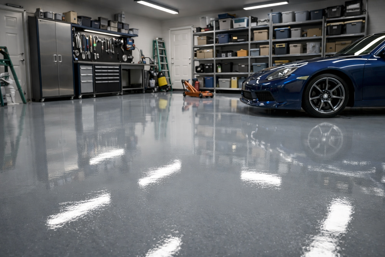 A clean, organized garage with a high-gloss, reflective gray epoxy floor and a blue sports car parked on the right.