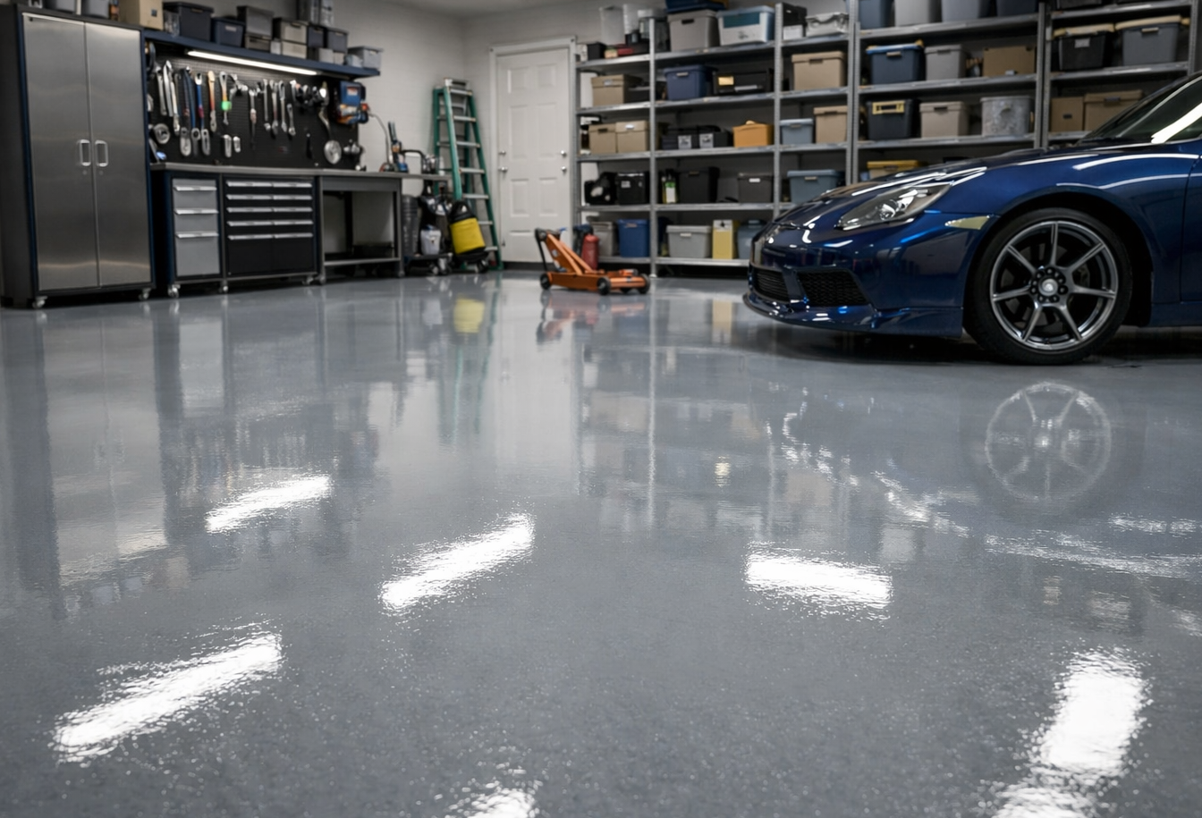A tidy garage with a polished gray epoxy floor reflecting a blue sports car, storage shelves, and tool cabinets.