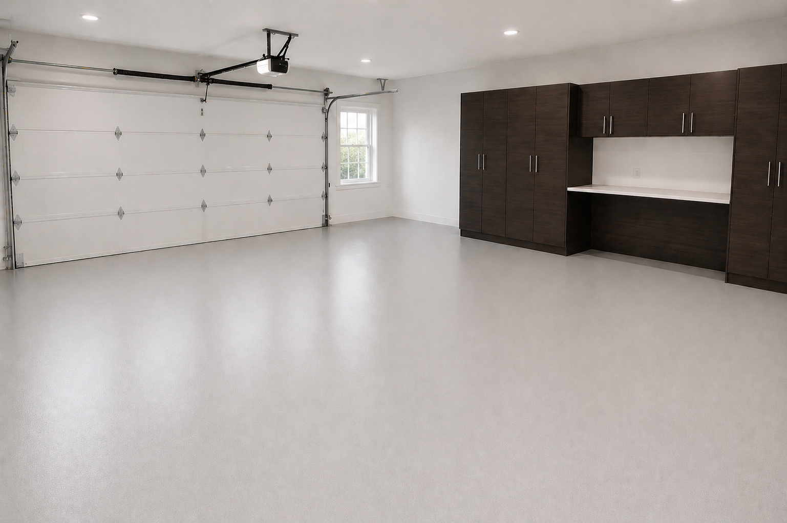 Empty modern garage with white floor, dark cabinets, and a closed white garage door