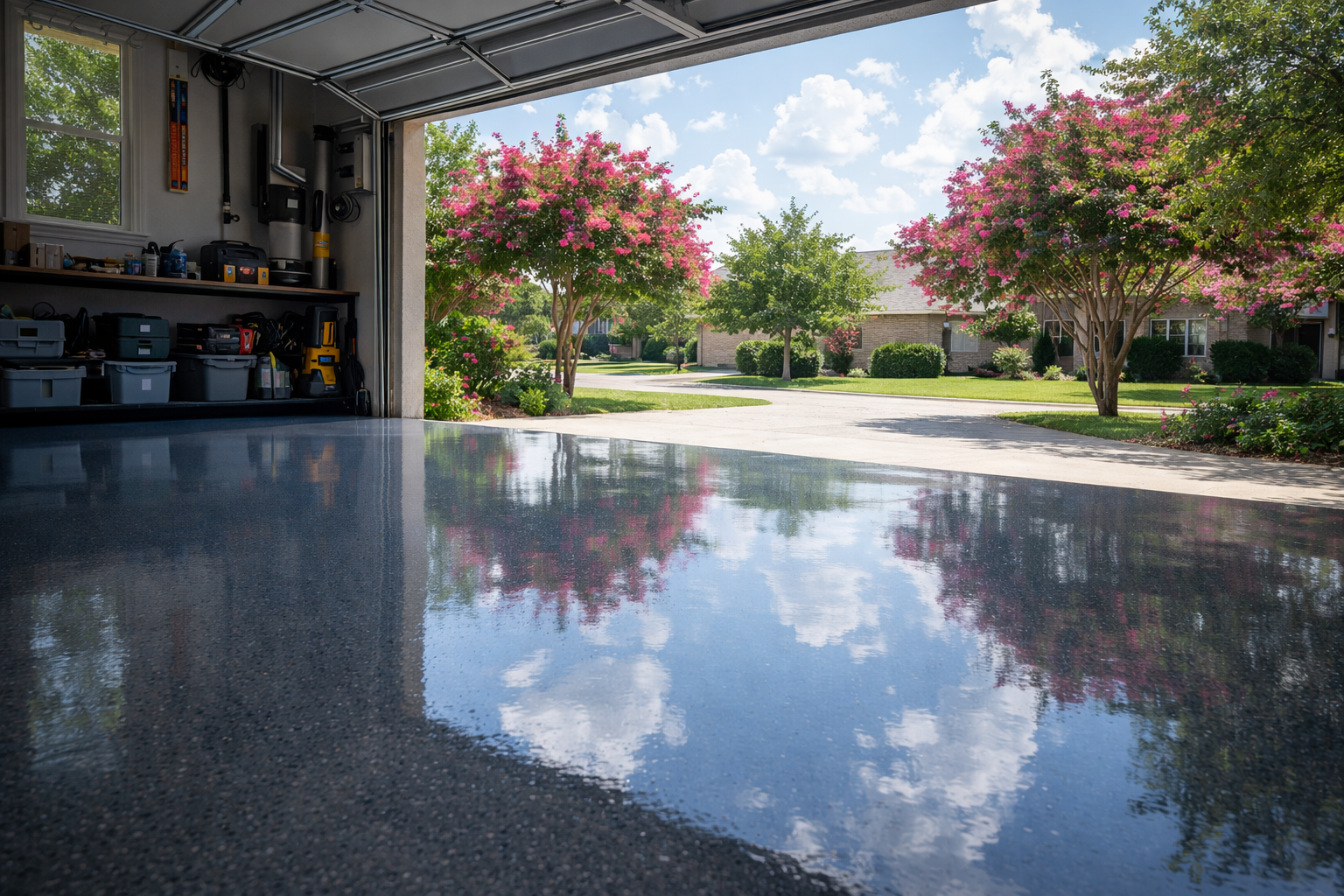 Garage with a polished, speckled gray floor; open garage door; cabinets and tools visible.