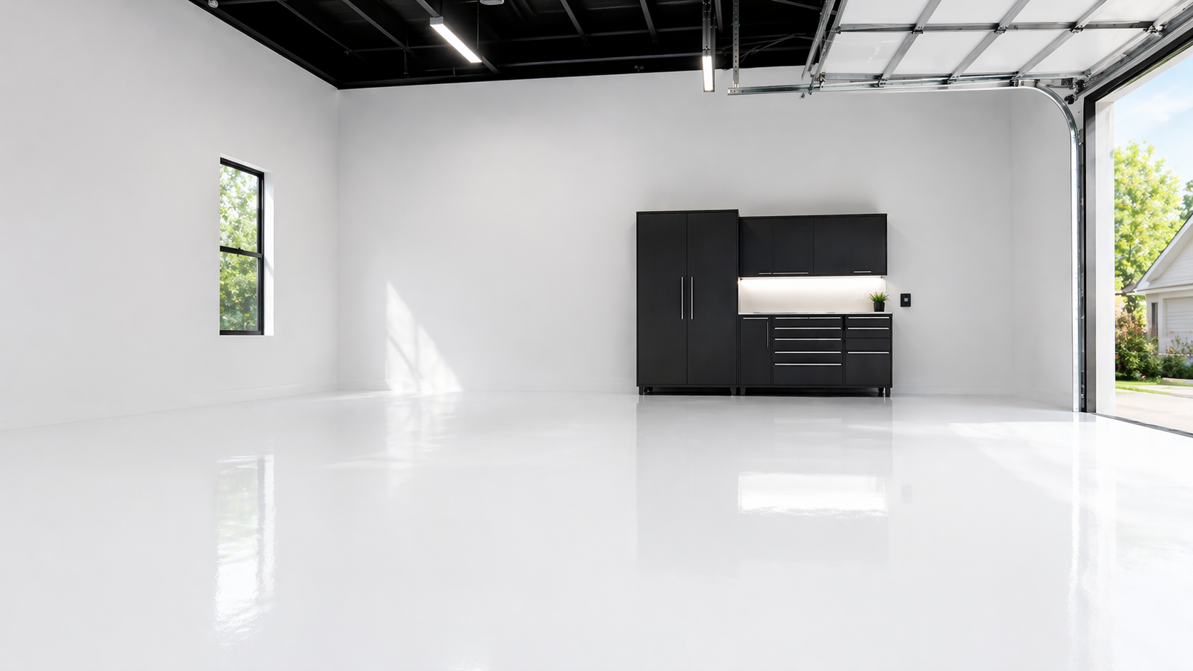 Minimal white garage interior with glossy floor and a dark wall-mounted cabinet under an open ceiling.