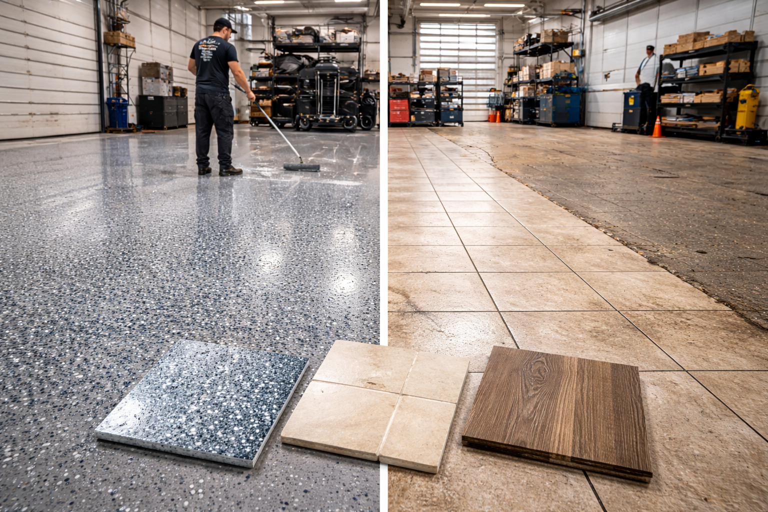 A person cleaning a garage floor, half coated in epoxy and samples of flooring options.