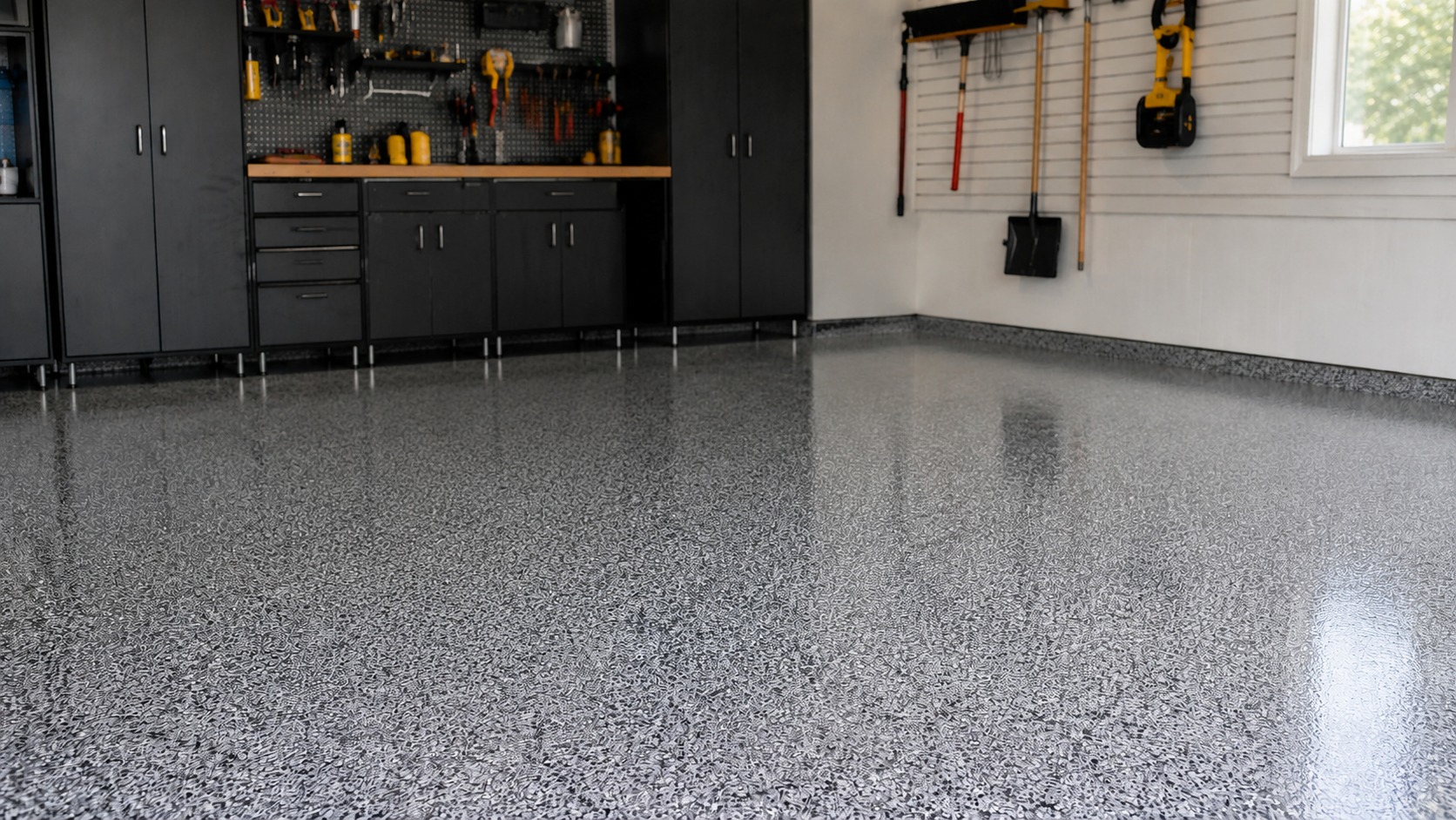 Empty speckled epoxy garage floor with cabinets and wall tools in the background