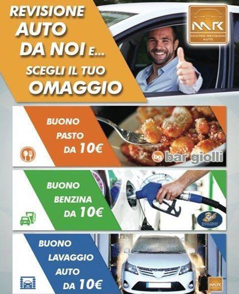 una brochure con scritto revisione auto da noi e scegli il tuo omaggio, buono pasto,buono benzina, buono lavaggio auto