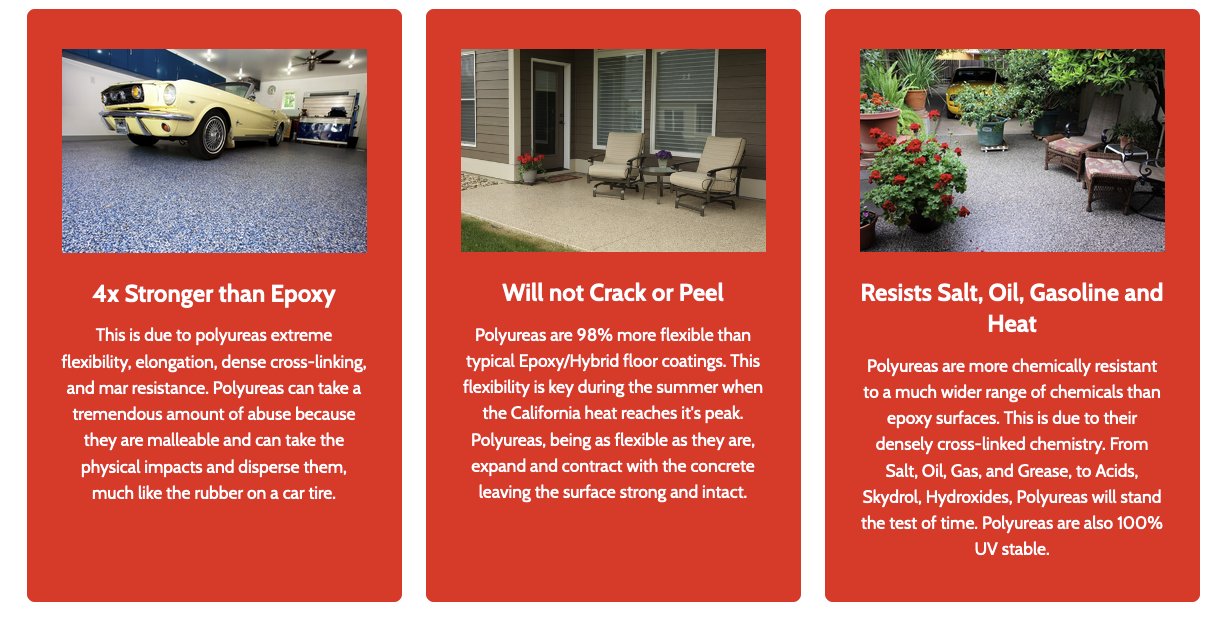 4x Stronger than Epoxy  This is due to polyureas extreme flexibility, elongation, dense cross-linking, and mar resistance. Polyureas can take a tremendous amount of abuse because they are malleable and can take the physical impacts and disperse them, much like the rubber on a car tire. TopOne Coatings - Does Not Crack Will not Crack or Peel  Polyureas are 98% more flexible than typical Epoxy/Hybrid floor coatings. This flexibility is key during the summer when the California heat reaches it's peak. Polyureas, being as flexible as they are, expand and contract with the concrete leaving the surface strong and intact. TopOne Coatings - Does Not Crack Resists Salt, Oil, Gasoline and Heat  Polyureas are more chemically resistant to a much wider range of chemicals than epoxy surfaces. This is due to their densely cross-linked chemistry. From Salt, Oil, Gas, and Grease, to Acids, Skydrol, Hydroxides, Polyureas will stand the test of time. Polyureas are also 100% UV stable.