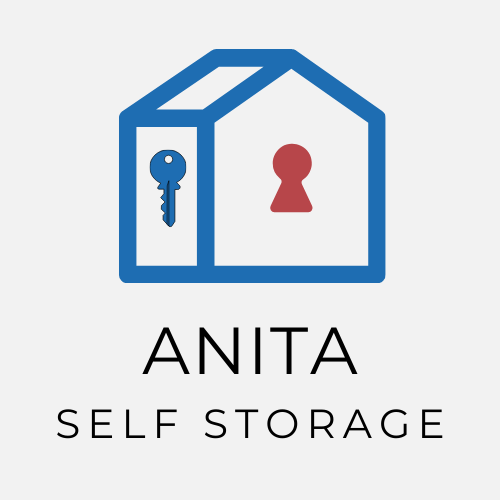 Blue house-shaped logo with key, red lock, and text: "Anita Self Storage".