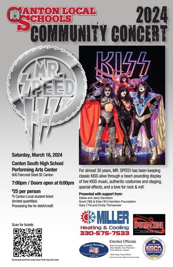 a poster for a community concert in Canton OH, with Mr. Speed, a KISS tribute band, on it .