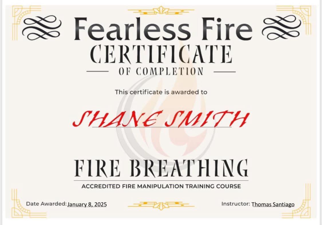 Shane Smith fire breathing certificate