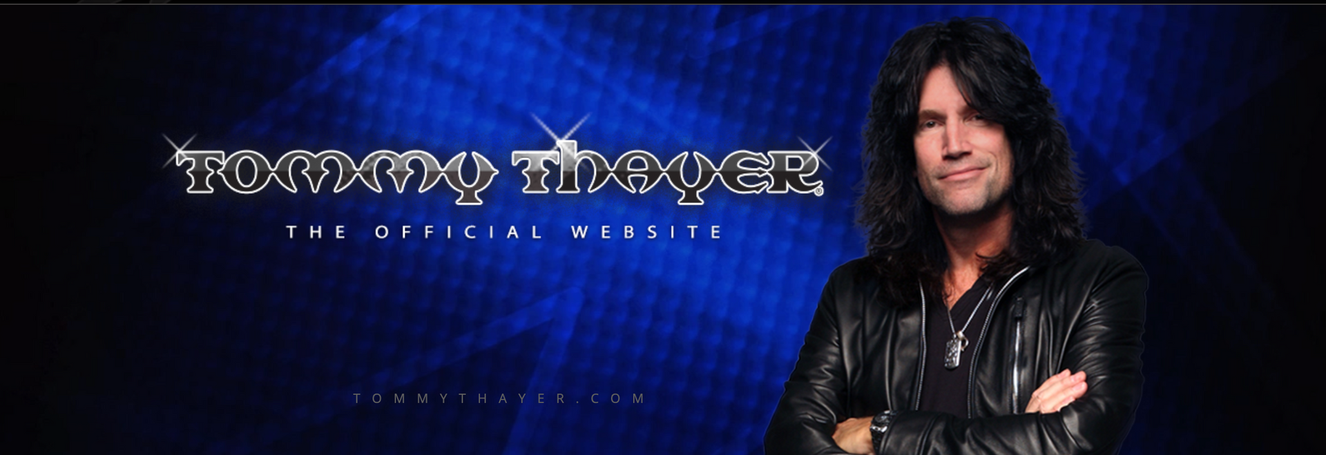 the logo for tommy thayer the official website with blue background with a picture of him on the right