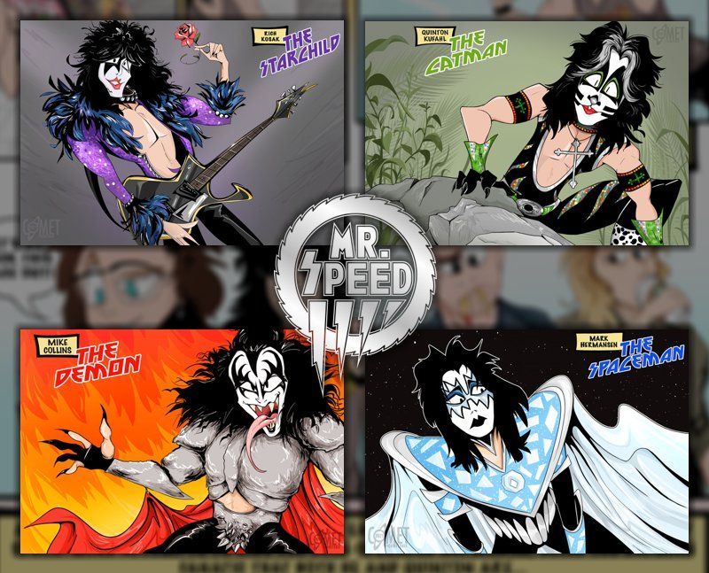 a collage of kiss cartoon characters with the words mr. peed in the middle