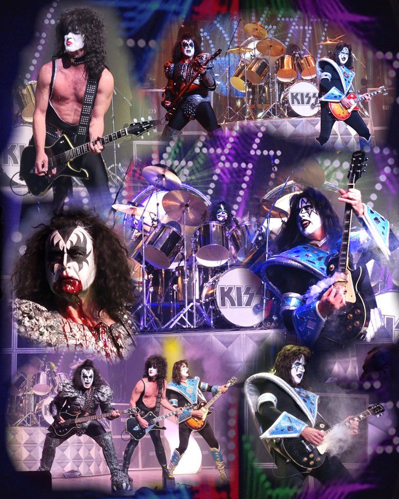 a collage of photos of kiss playing guitars and drums