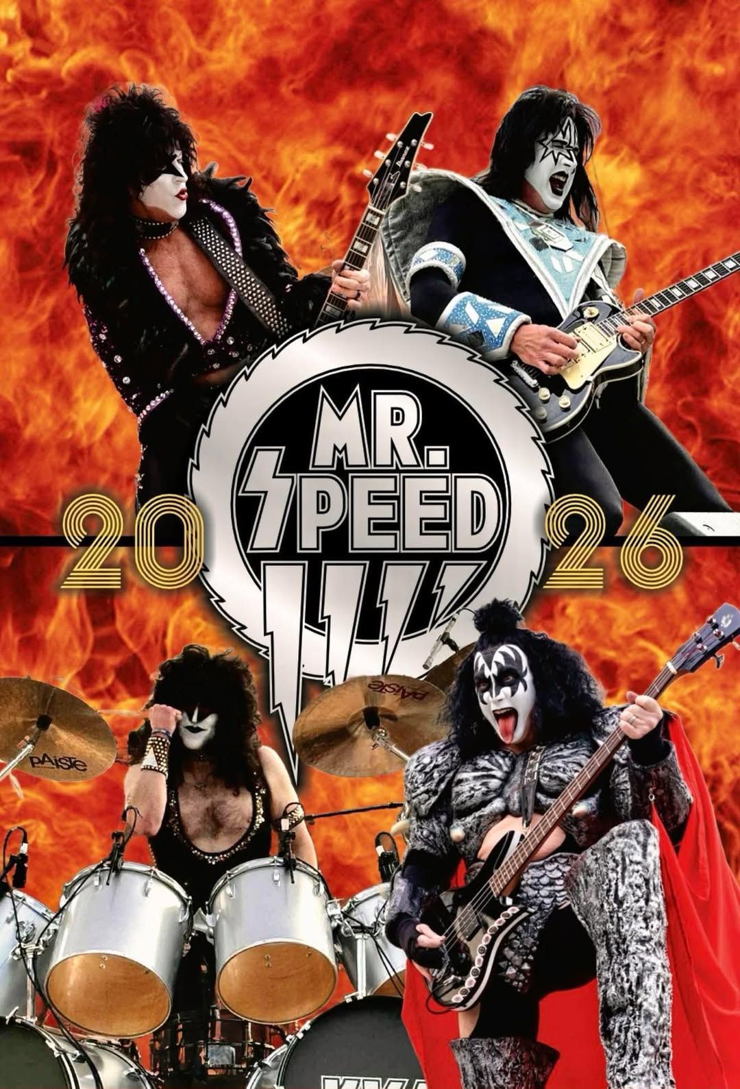 a group of people standing on a stage with a kiss logo in the background