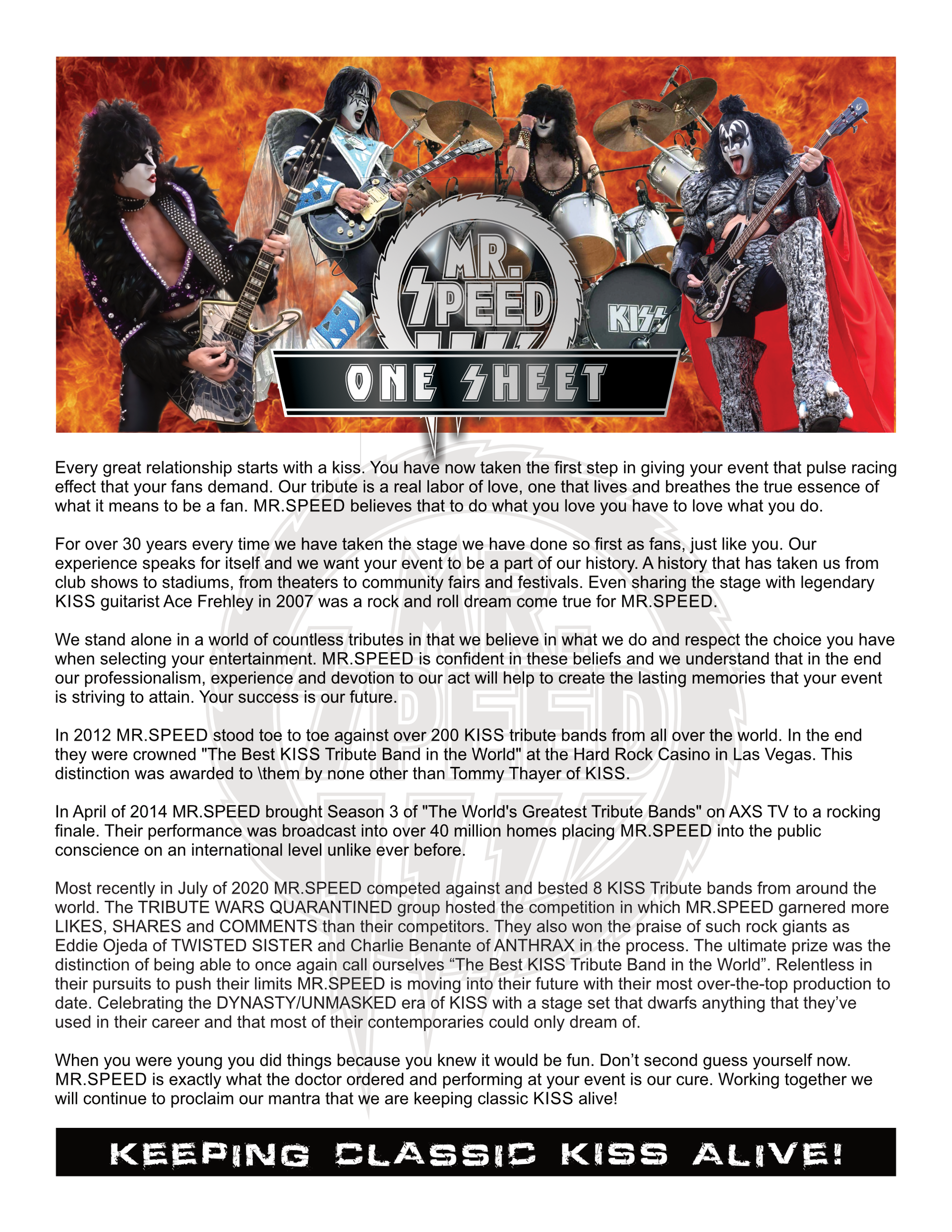 A bio sheet for a band called Mr. Speed, a tribute band to KISS.