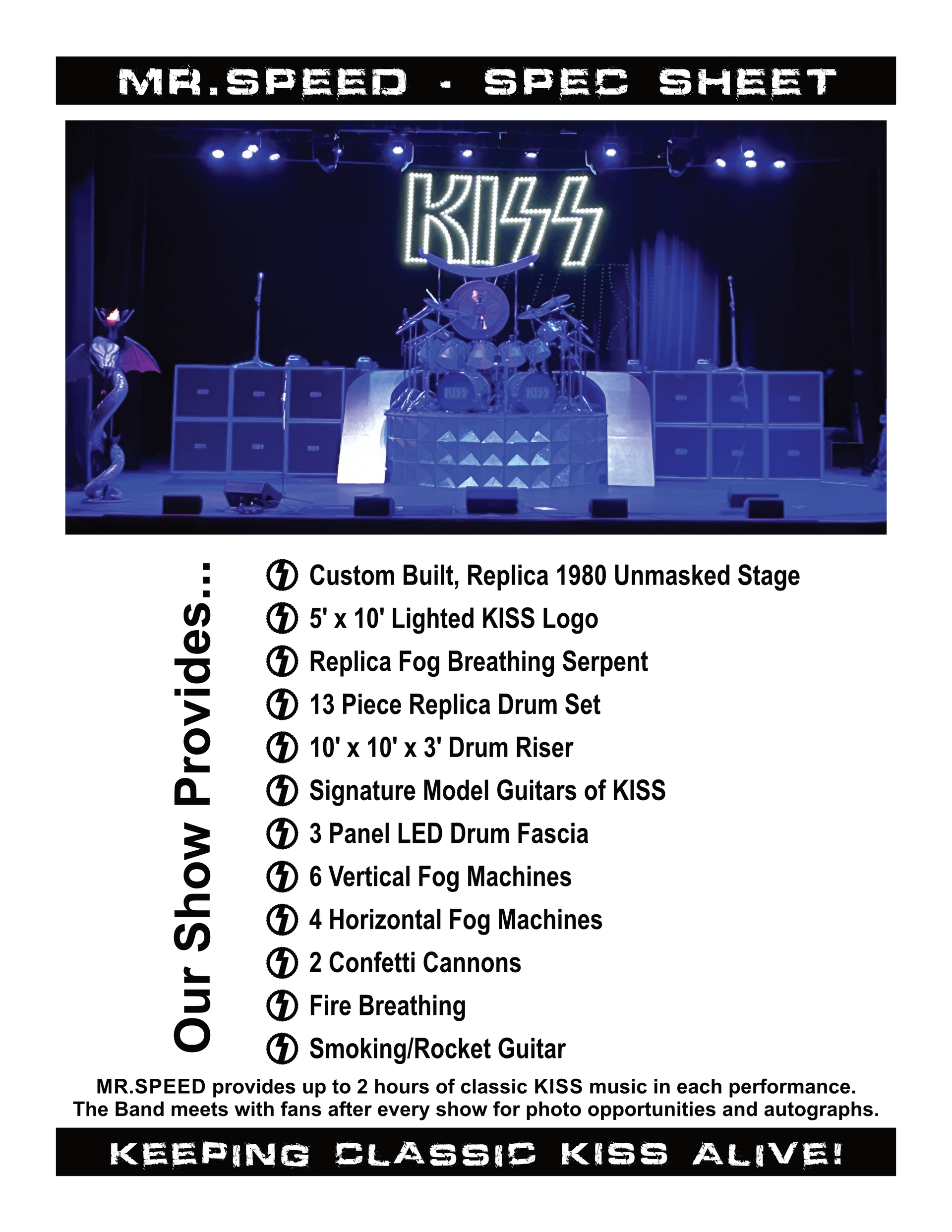 Spec sheet for a kiss show .