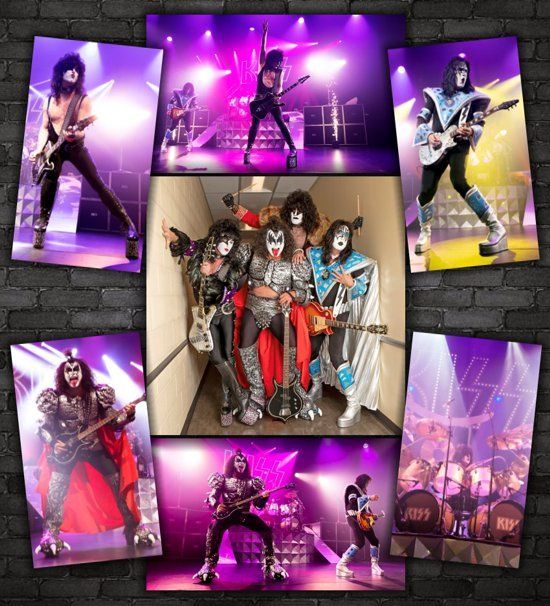 a collage of kiss pictures on a brick wall