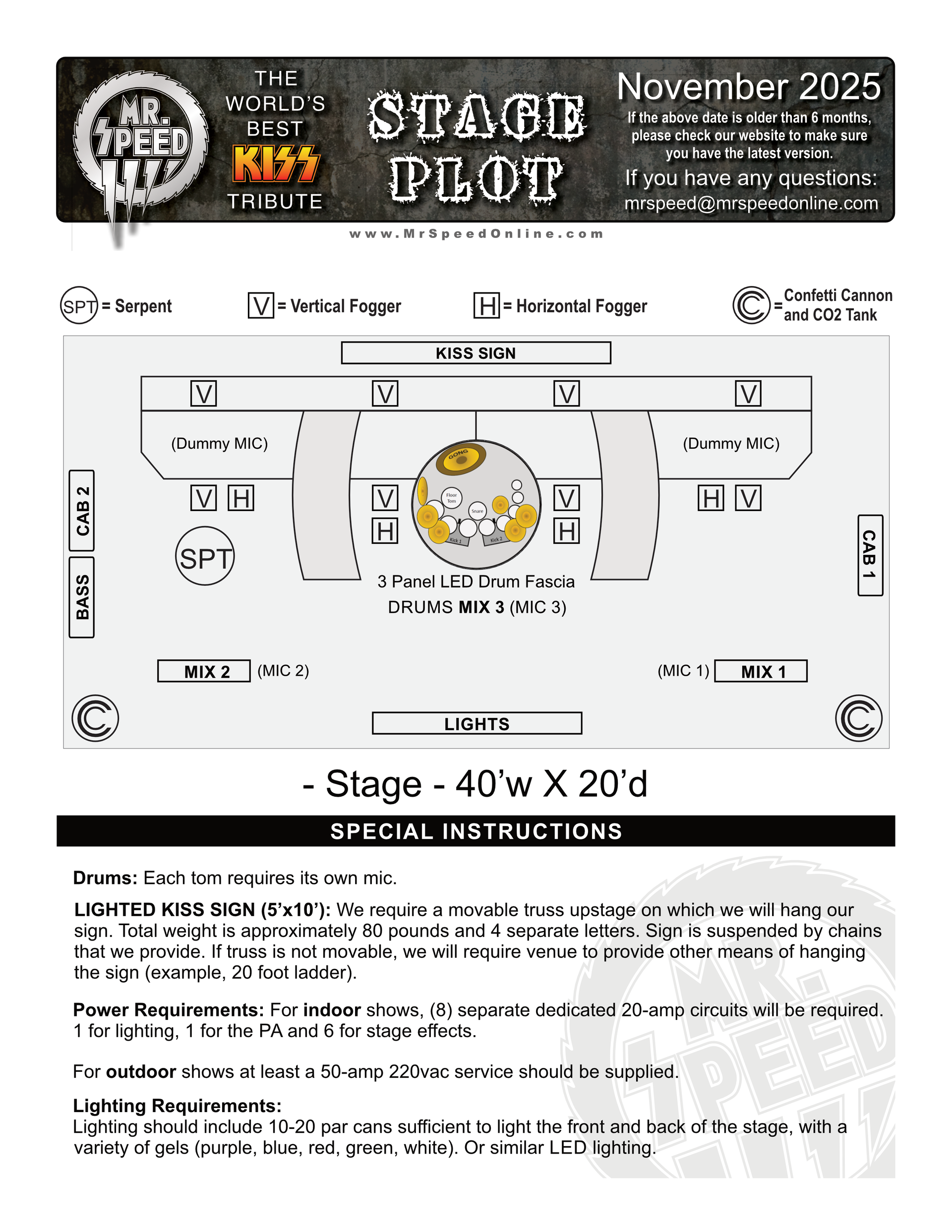 Drawing of a stage plot for 2025 tour
