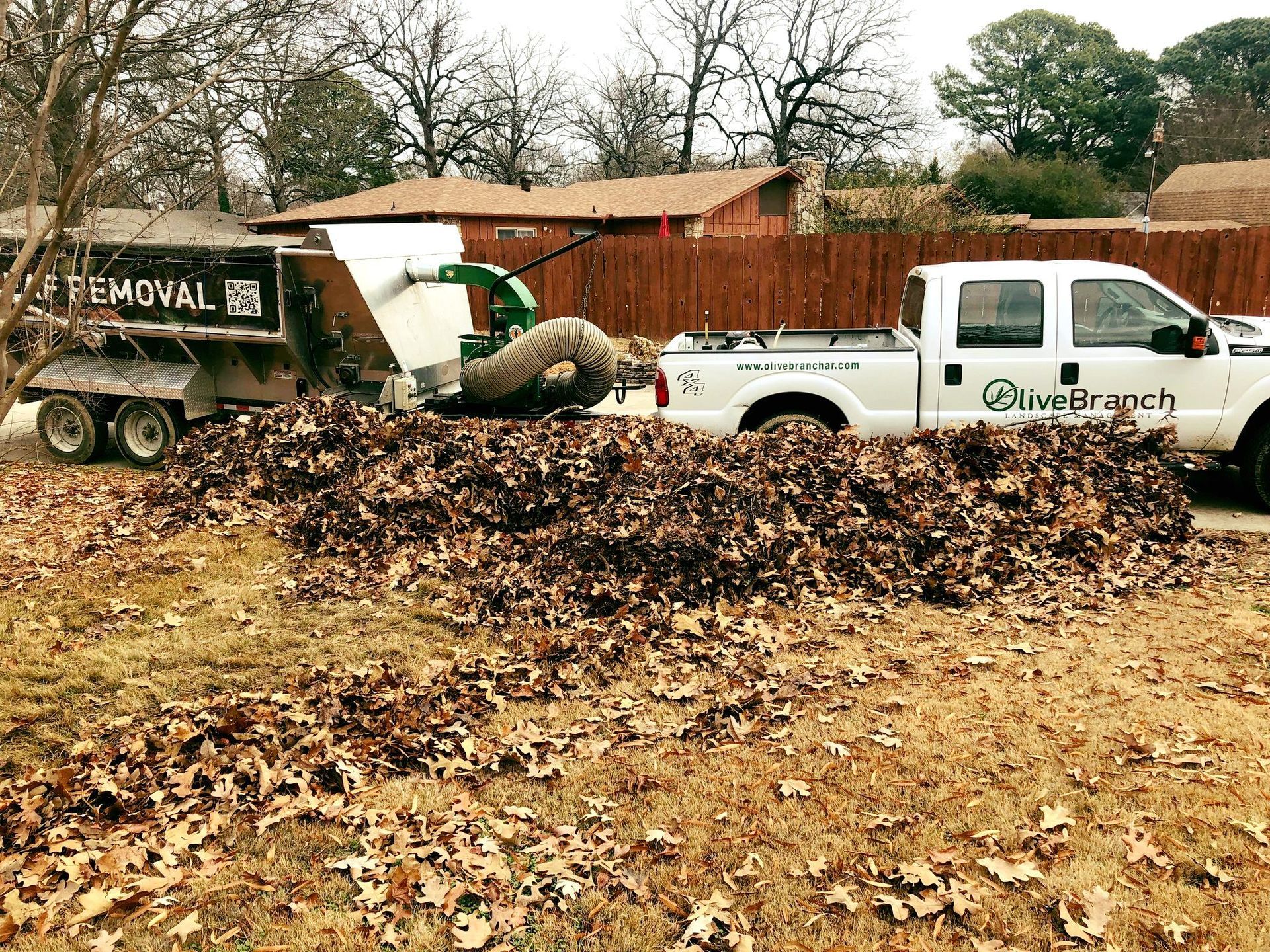 a truck is pulling a trailer full of leaves .