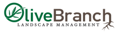 A logo for olive branch landscape management with a tree branch