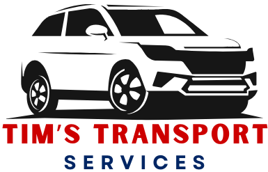 A logo for tim 's transport services with a white car