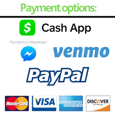 A list of payment options including paypal , visa , mastercard , venmo , and discover.