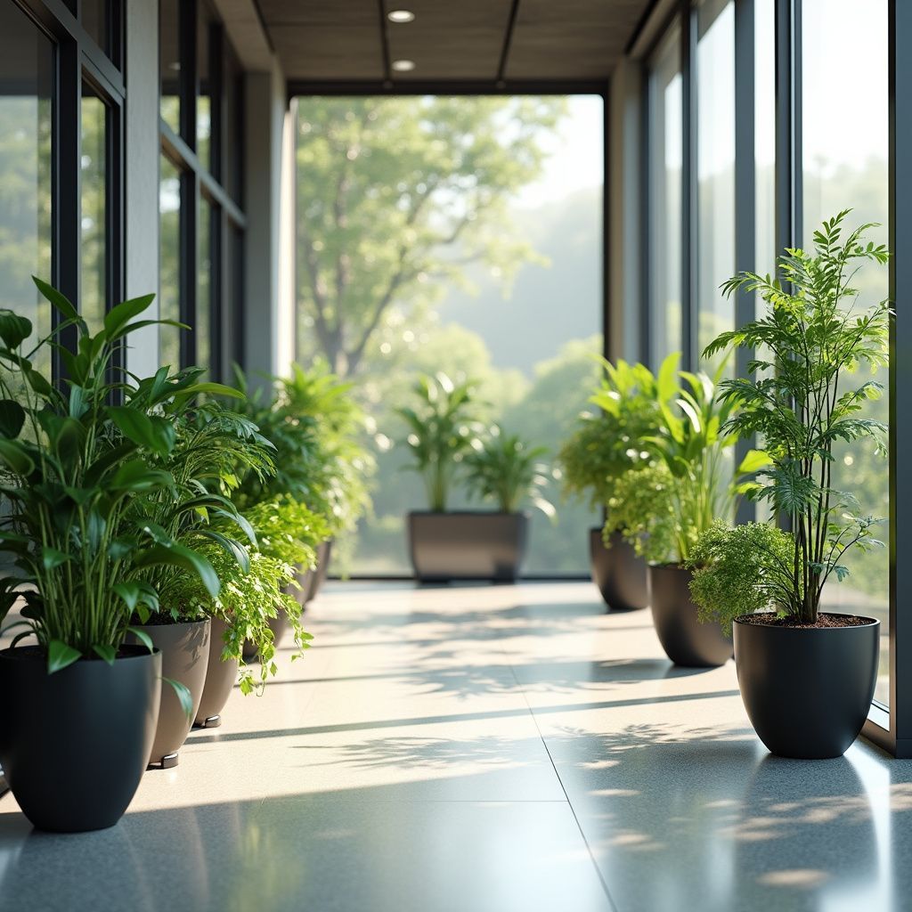 A sunlit hallway with potted plants along the side. Large windows offer a view of greenery outside.