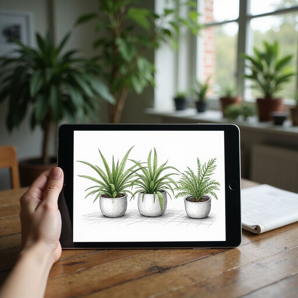 A hand holds a tablet displaying plant drawings. Background: plants in a sunny room.