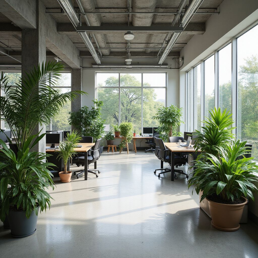 Bright office space with large windows, desks, and potted plants.