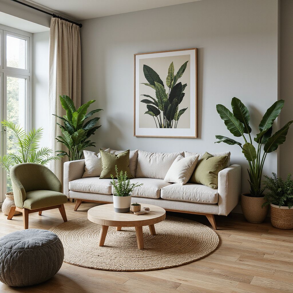Living room with a beige sofa, green armchair, plants, round rug, and artwork. Natural light floods the space.