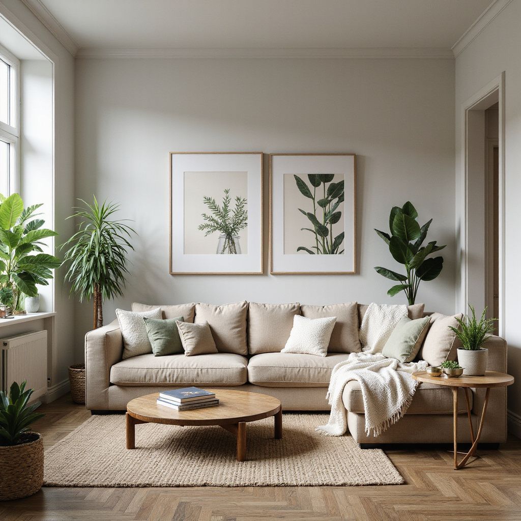 Living room with neutral tones, large beige sofa, plants, framed art, and wooden coffee table.