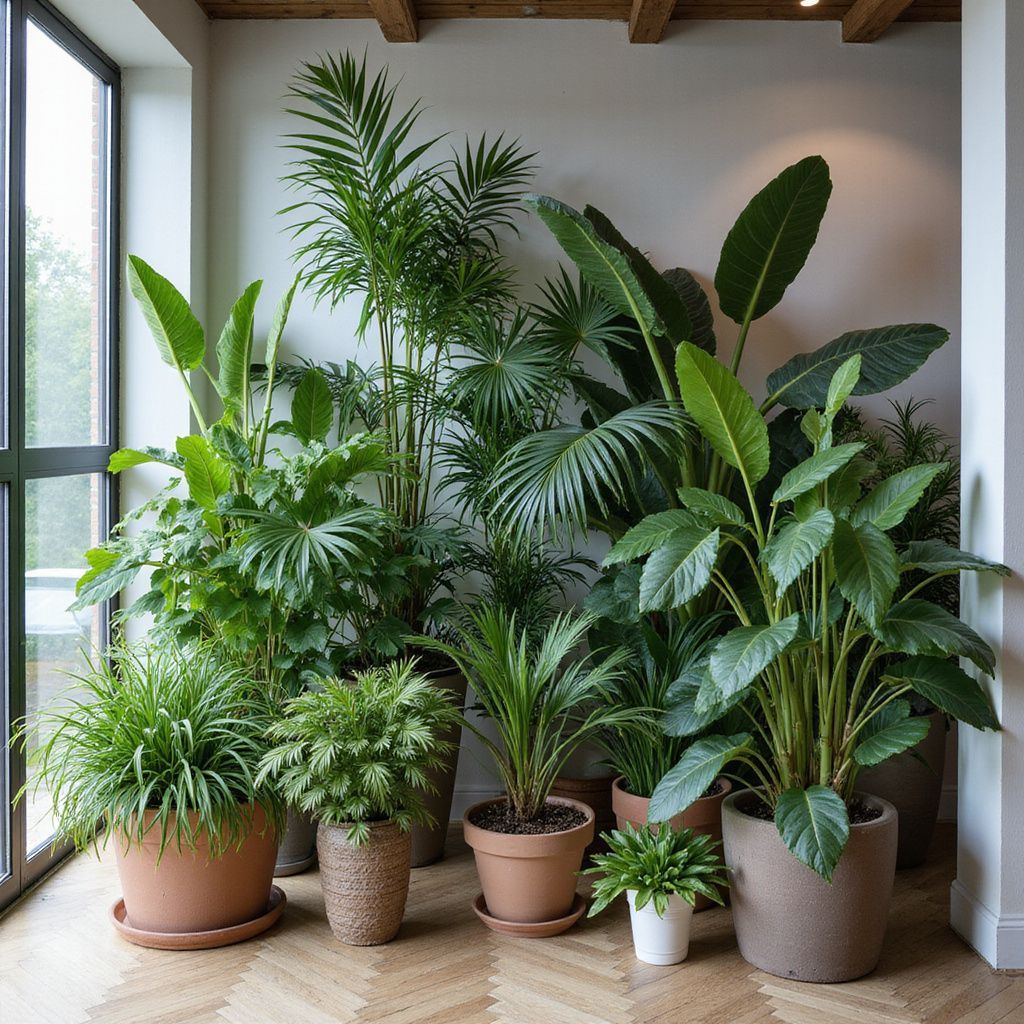 Various potted tropical plants clustered near a window.