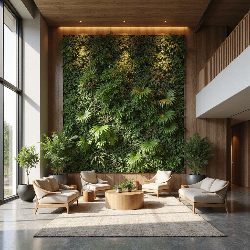 A modern lobby with a large green wall, seating, wood paneling, and a floor-to-ceiling window.