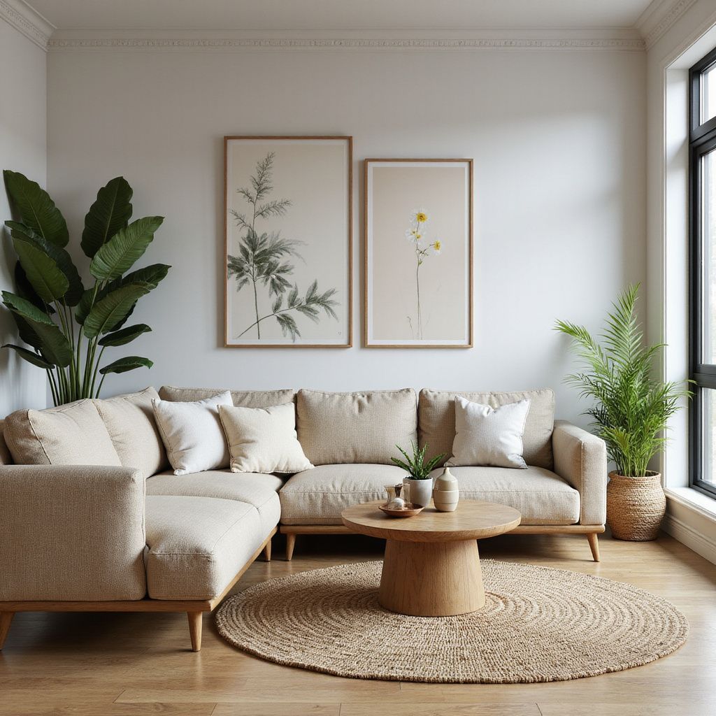 Living room with beige sectional sofa, artwork, plants, and round jute rug.