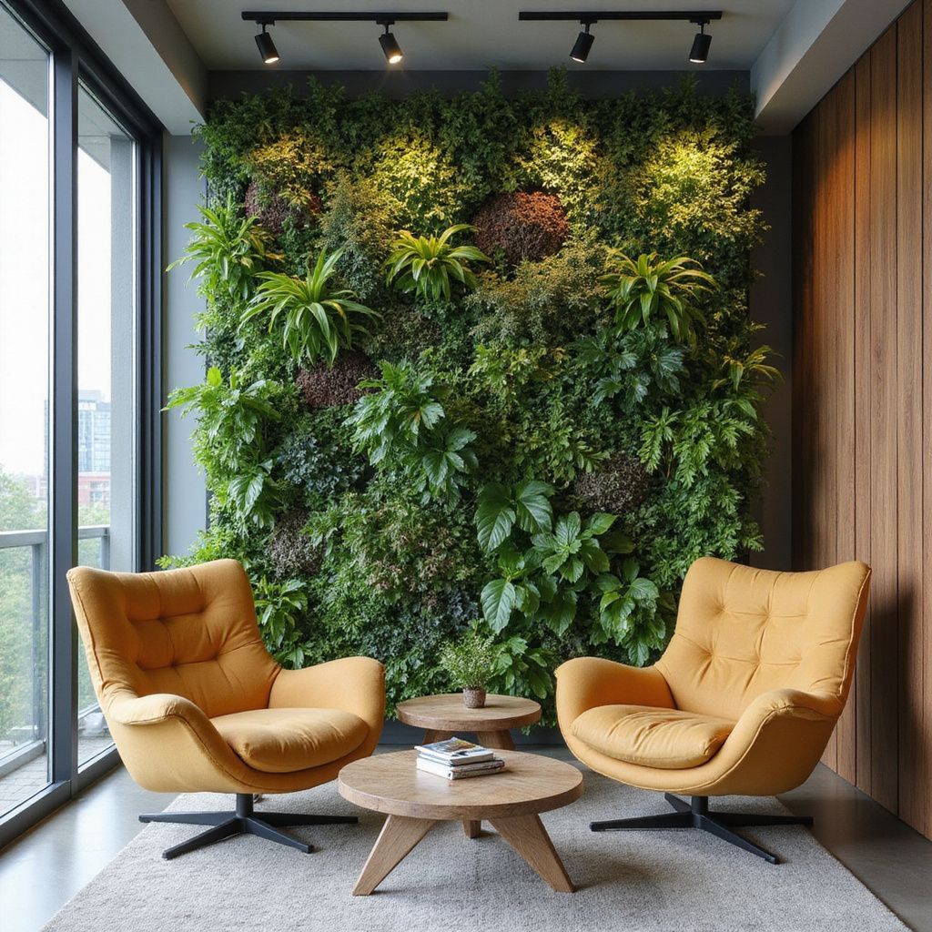 Two yellow armchairs face a wooden coffee table in front of a green wall of plants.