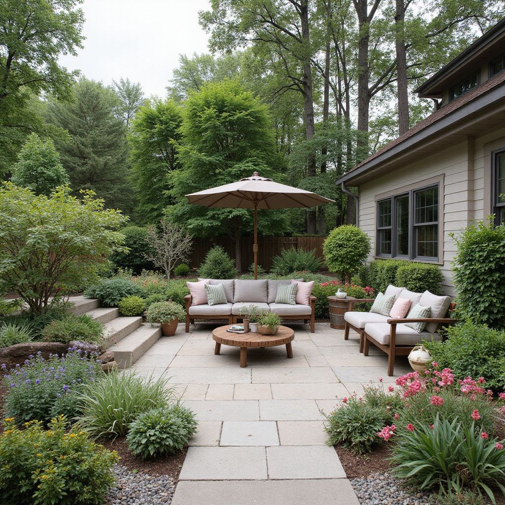Patio with outdoor furniture, surrounded by lush greenery, umbrella, and stone pathway.