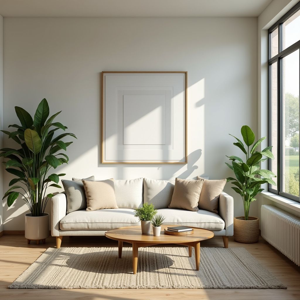 Living room with a beige sofa, potted plants, a wooden coffee table, and sunlight streaming through a window.