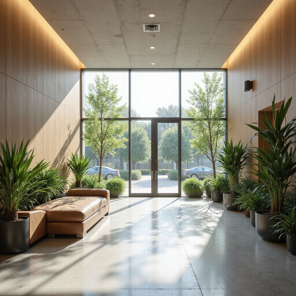 Lobby with plants, leather couch, and glass doors leading to a green outdoor area. Concrete floor and wood panel walls.