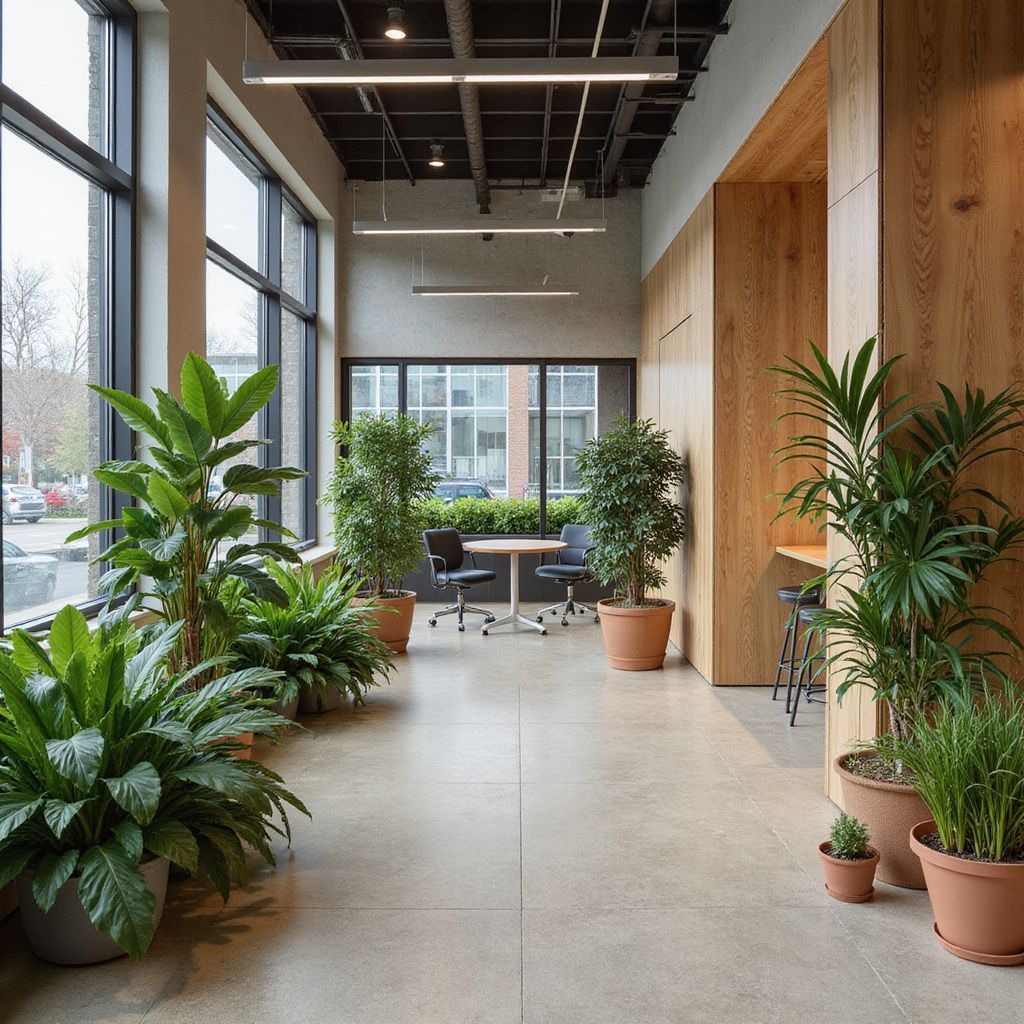 Hallway with large windows, indoor plants, and a small table with chairs. Wooden paneling on the right.