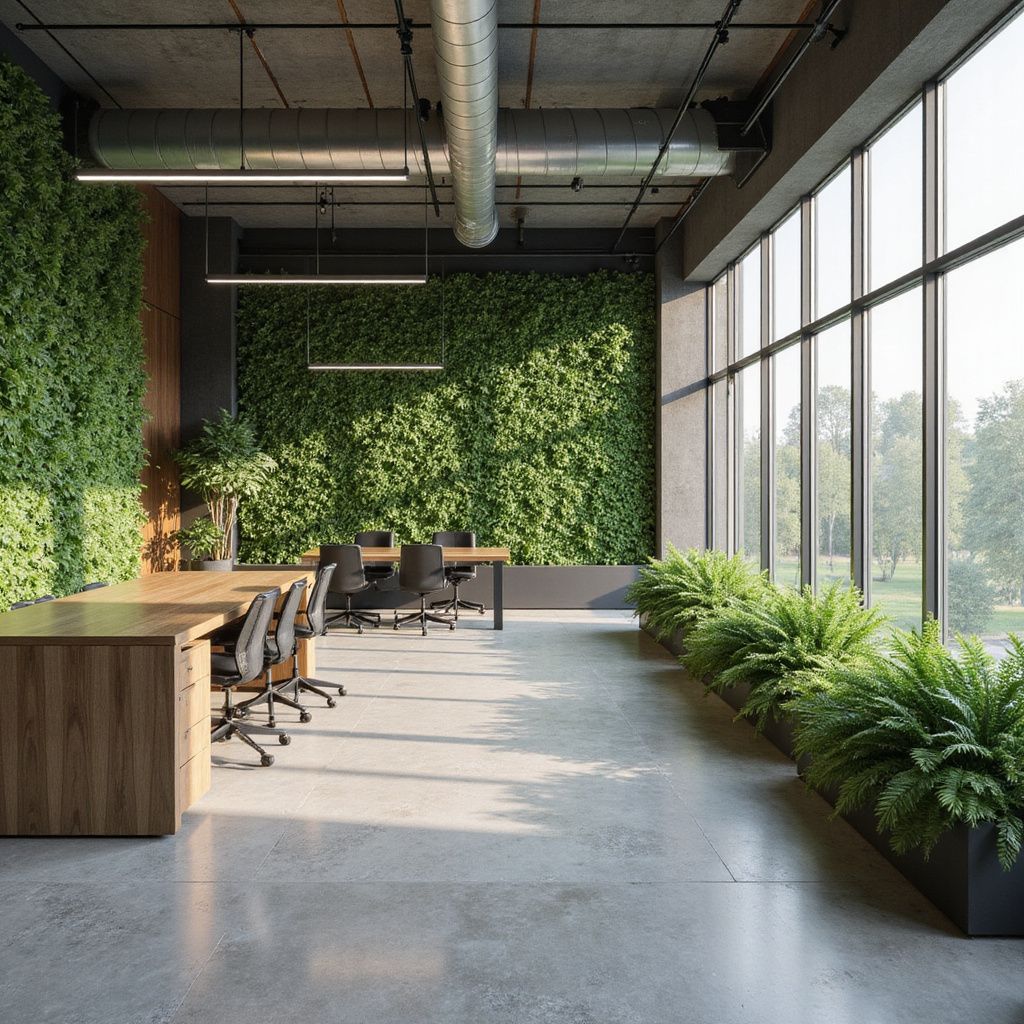 Modern office with large windows, green wall, and potted plants. Sunlight fills the space.