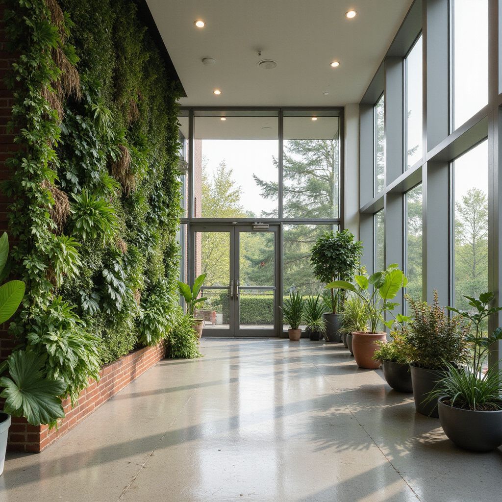 Indoor hallway with a wall of plants, large windows, and potted greenery.