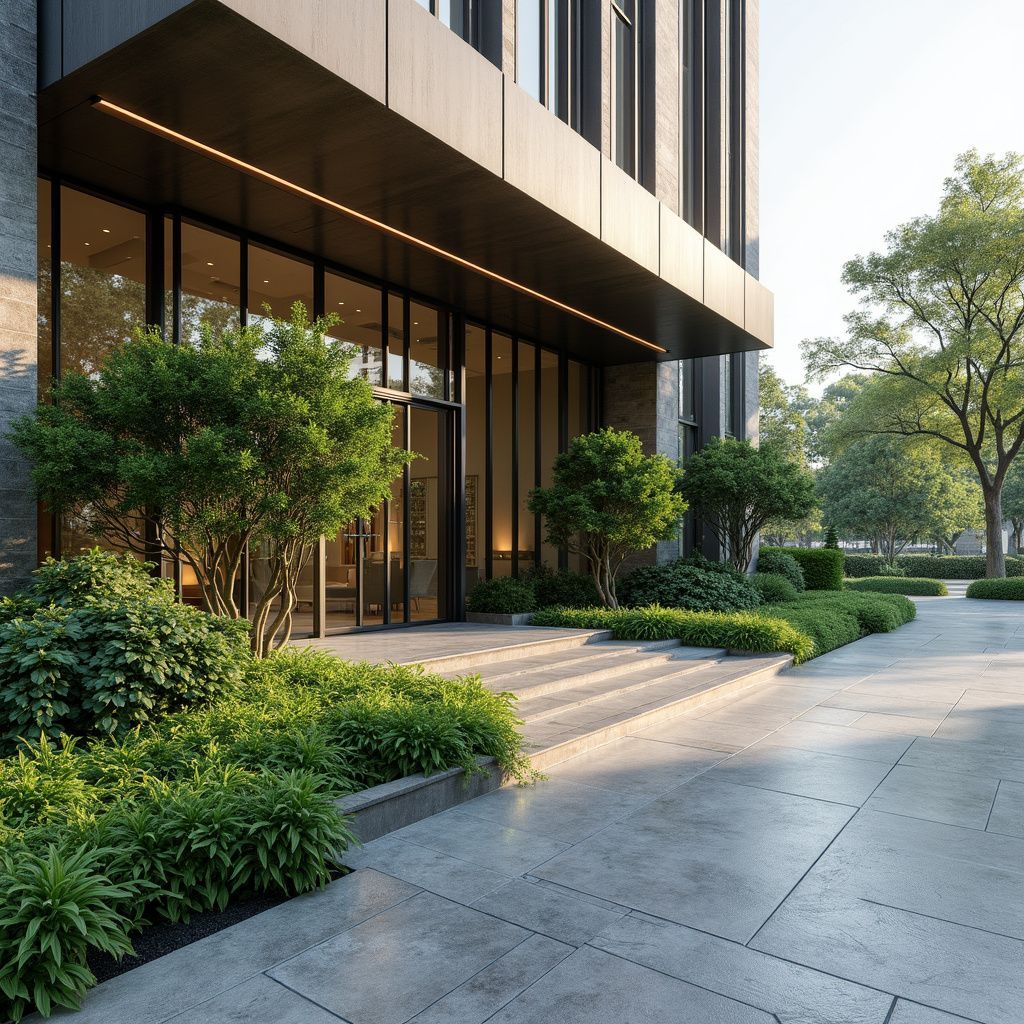 Modern building entrance with glass doors, steps, and greenery. Gray stone facade, sunny.