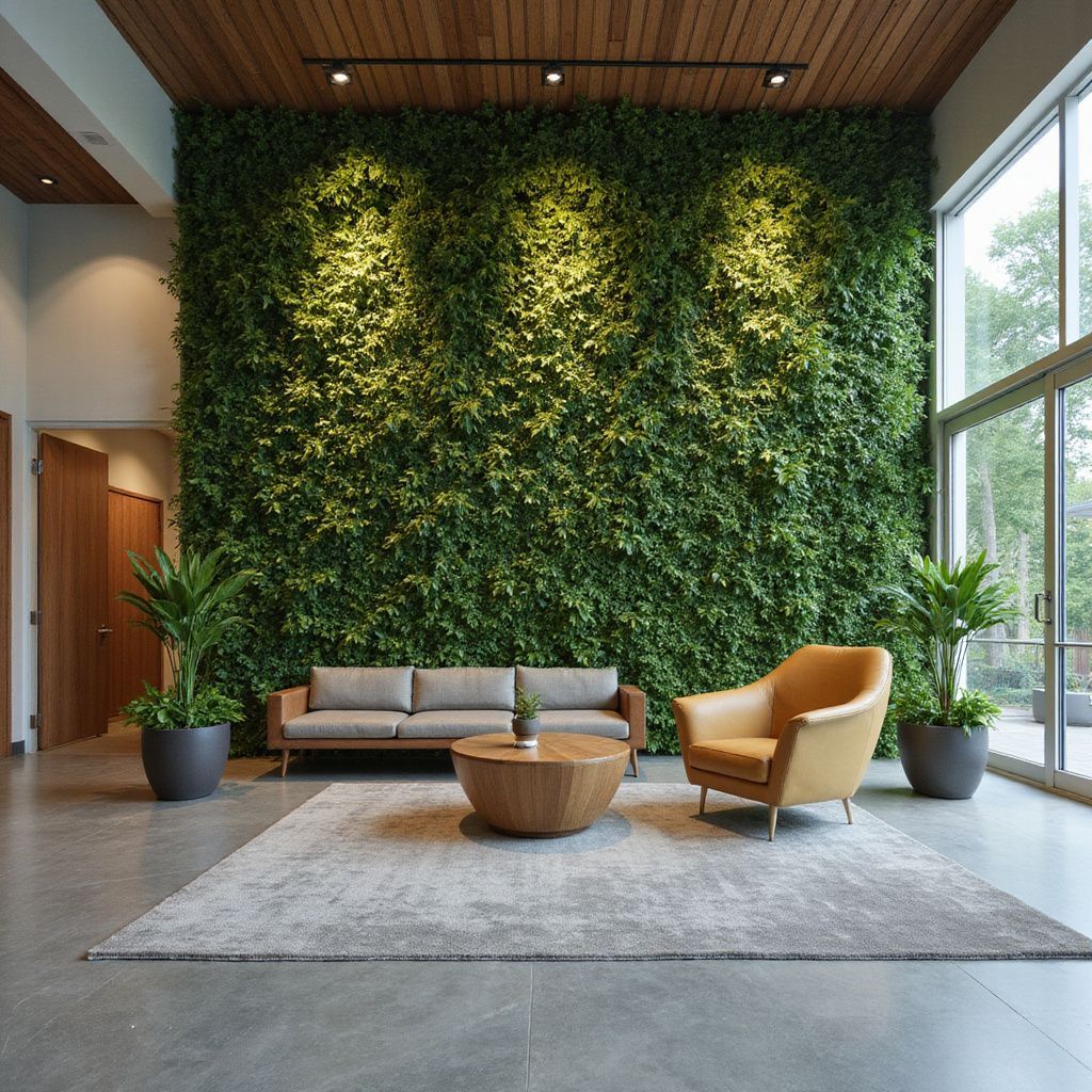 Living wall in an interior with a sofa, chair, coffee table, and area rug. Large window to the right.