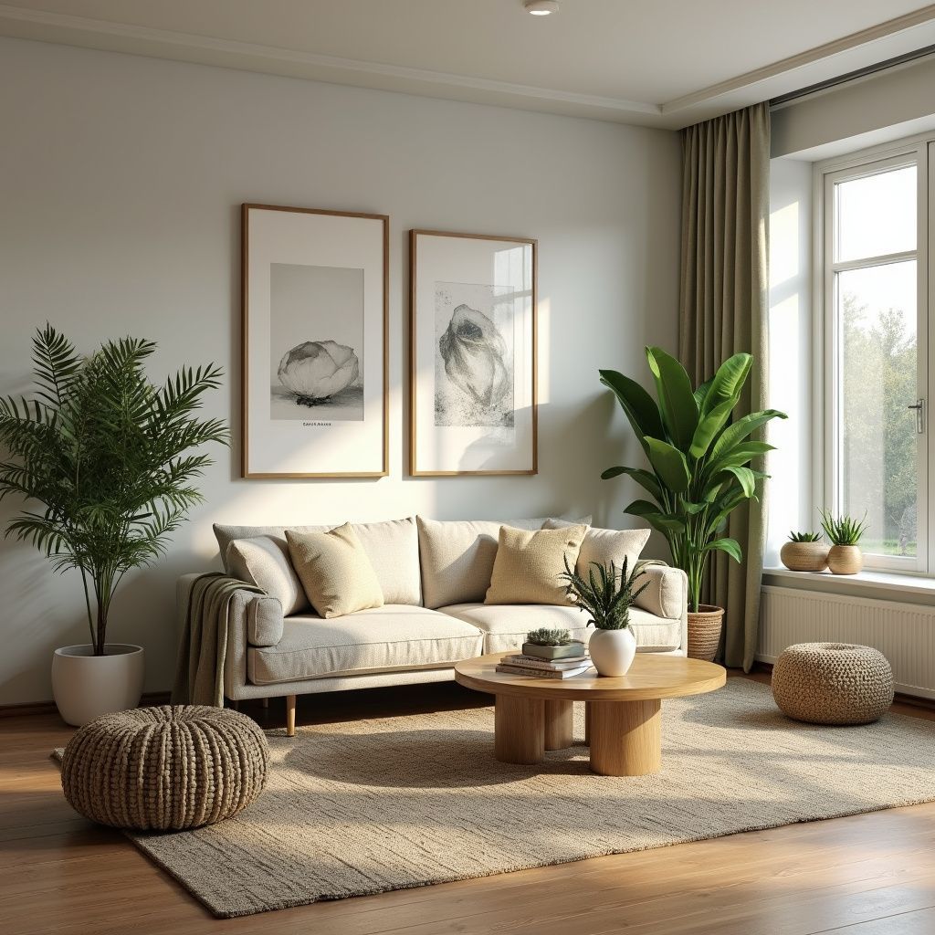 Living room with sofa, plants, framed art, and a round coffee table on a woven rug.