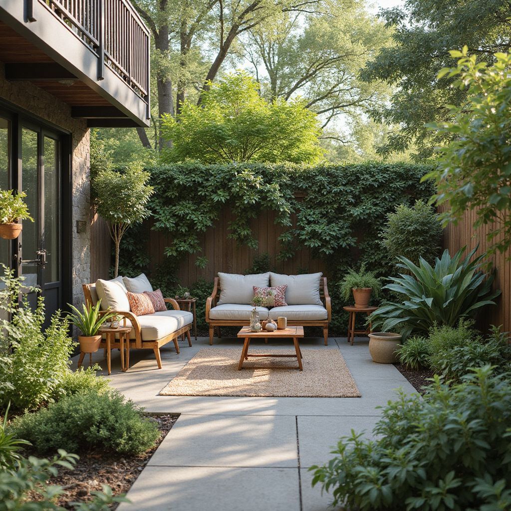 Patio with wooden furniture, surrounded by lush greenery, and a neutral rug.