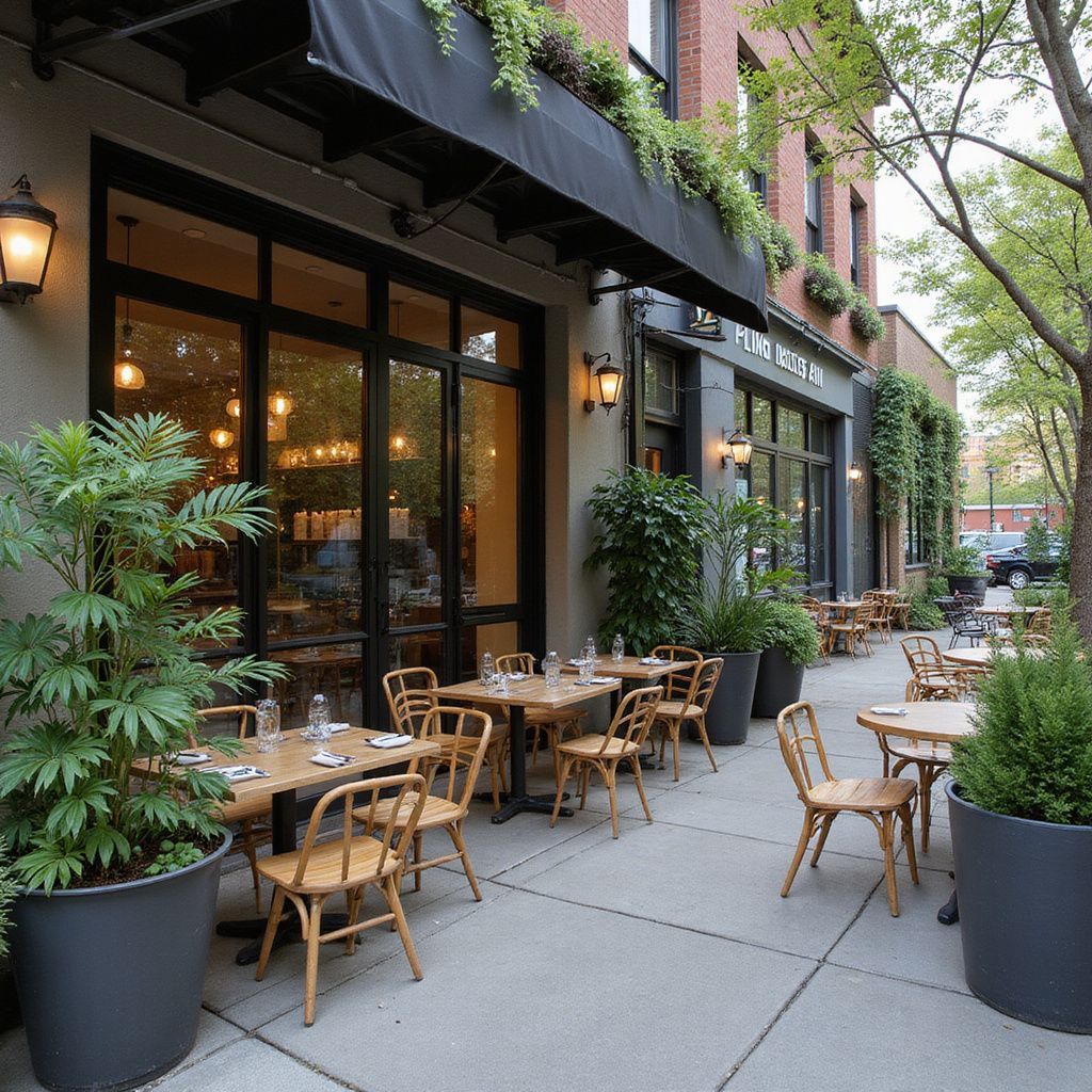 Restaurant patio with tables and chairs, under a black awning. Plants in pots and window boxes.