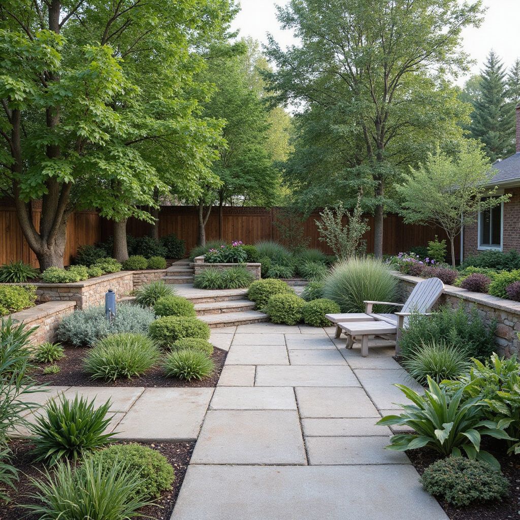Stone patio with tiered garden beds, trees, and a wooden lounge chair, tiburon, CA.