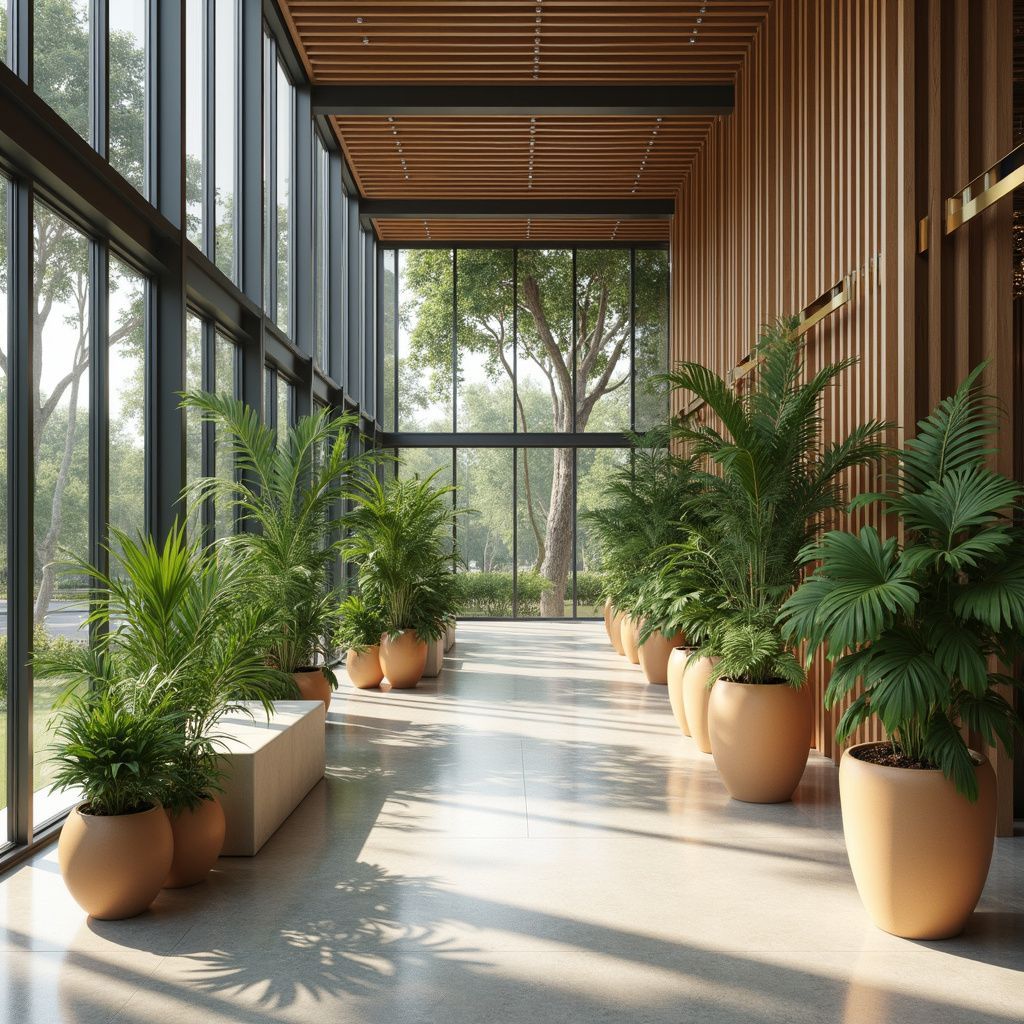 Bright hallway with floor-to-ceiling windows, potted plants, and light wood paneling.