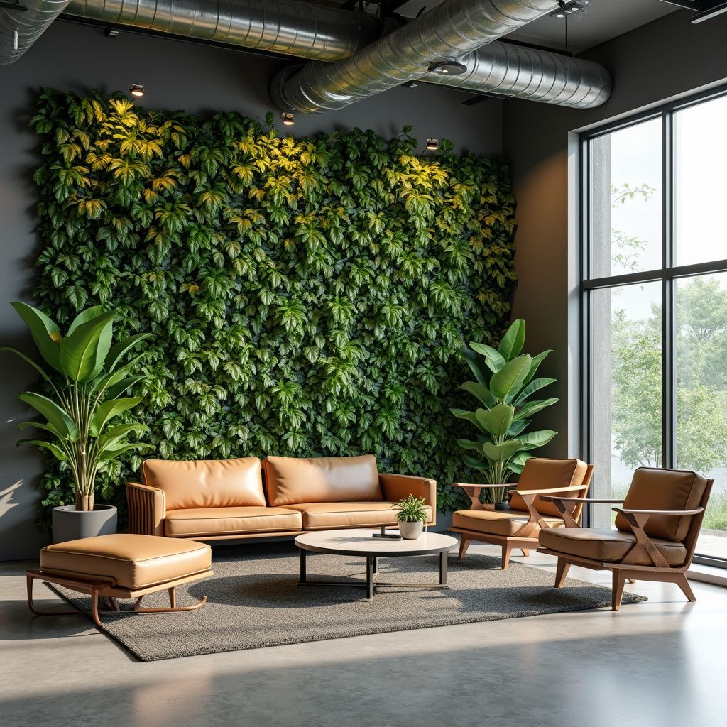 Living room with tan leather furniture, living wall, large window.